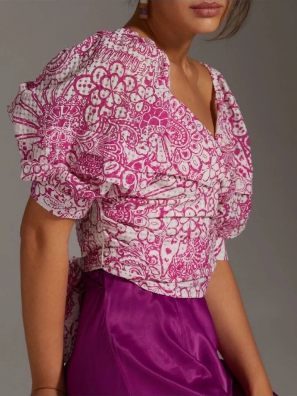 Anthropologie Pink & White Floral Puff-Sleeve Wrap Top